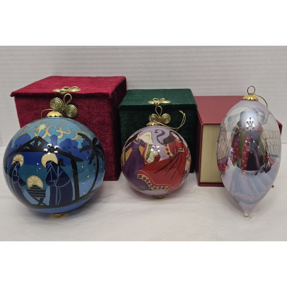 Lot/3 Vtg Pier 1 Li Bier Hand Painted Glass Christmas Ornaments with Boxes EUC